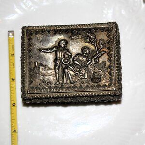 Vintage Japan Silver Jewelry Box Romantic Repoussé Trinket Case with Red Velvet